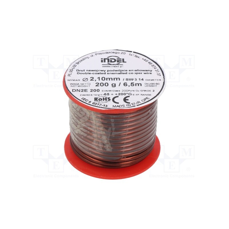 1 rol x INDEL - DN2E2,1-200G - Coil wire, double coated enamelled, 2.1mm, 0.2kg, -65÷200°C
