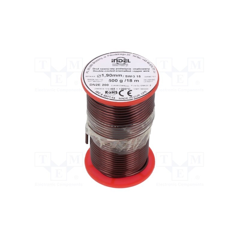 1 rol x INDEL - DN2E1,90-500G - Coil wire, double coated enamelled, 1.9mm, 0.5kg, -65÷200°C