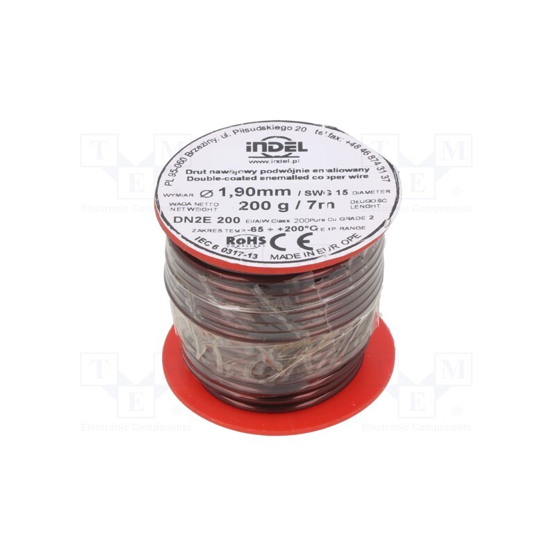 1 rol x INDEL - DN2E1,90-200G - Coil wire, double coated enamelled, 1.9mm, 0.2kg, -65÷200°C