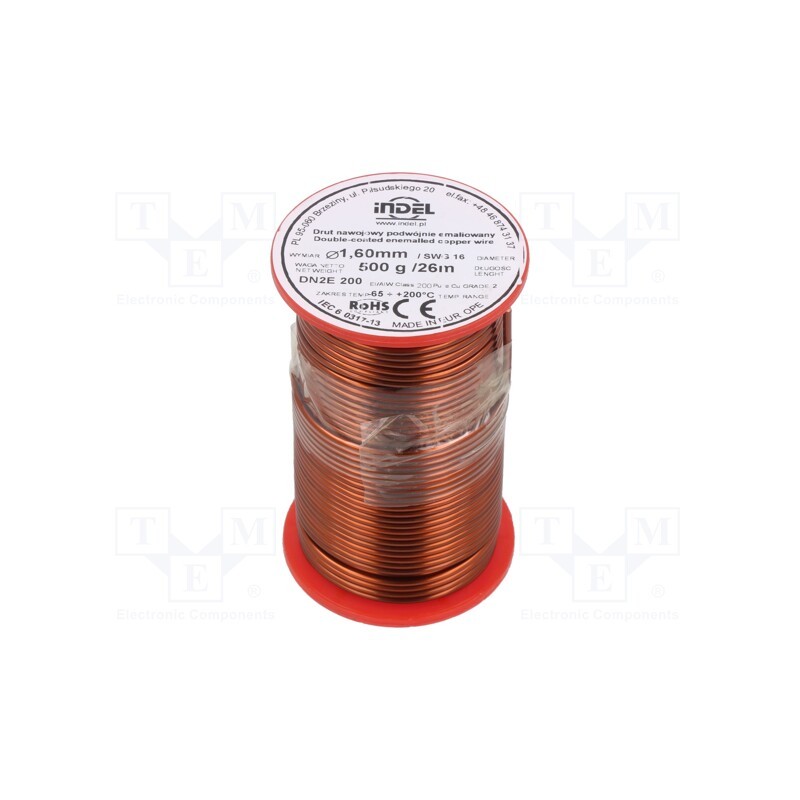 1 rol x INDEL - DN2E1,60-500G - Coil wire, double coated enamelled, 1.6mm, 0.5kg, -65÷200°C