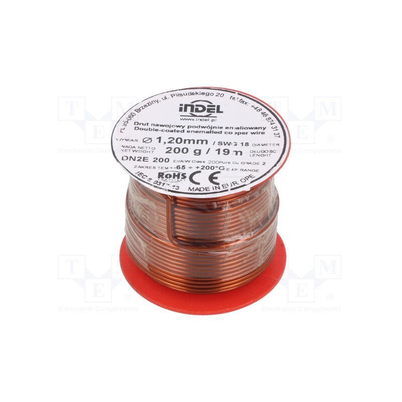1 rol x INDEL - DN2E1,20-200G - Coil wire, double coated enamelled, 1.2mm, 0.2kg, -65÷200°C
