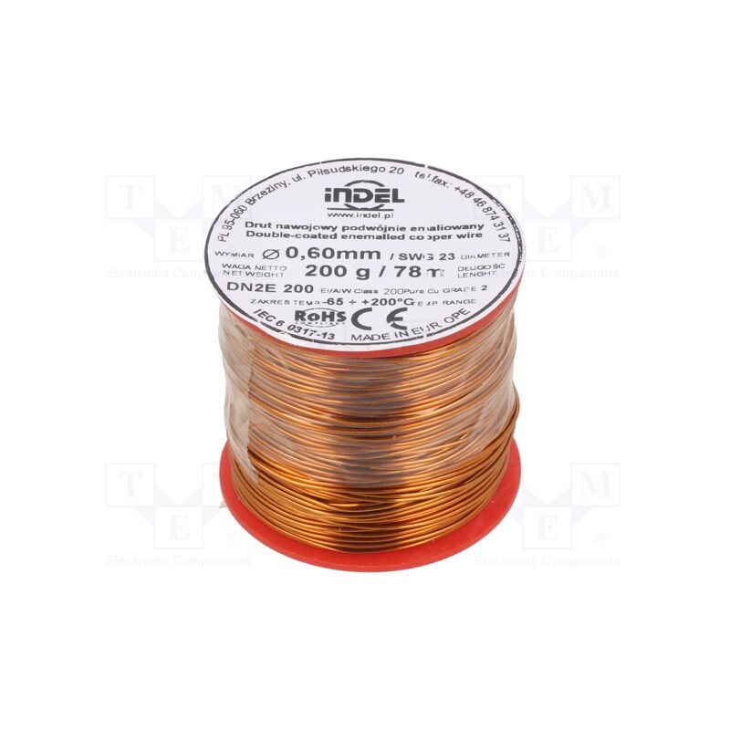 1 rol x INDEL - DN2E0,60-200G - Coil wire, double coated enamelled, 0.6mm, 0.2kg, -65÷200°C