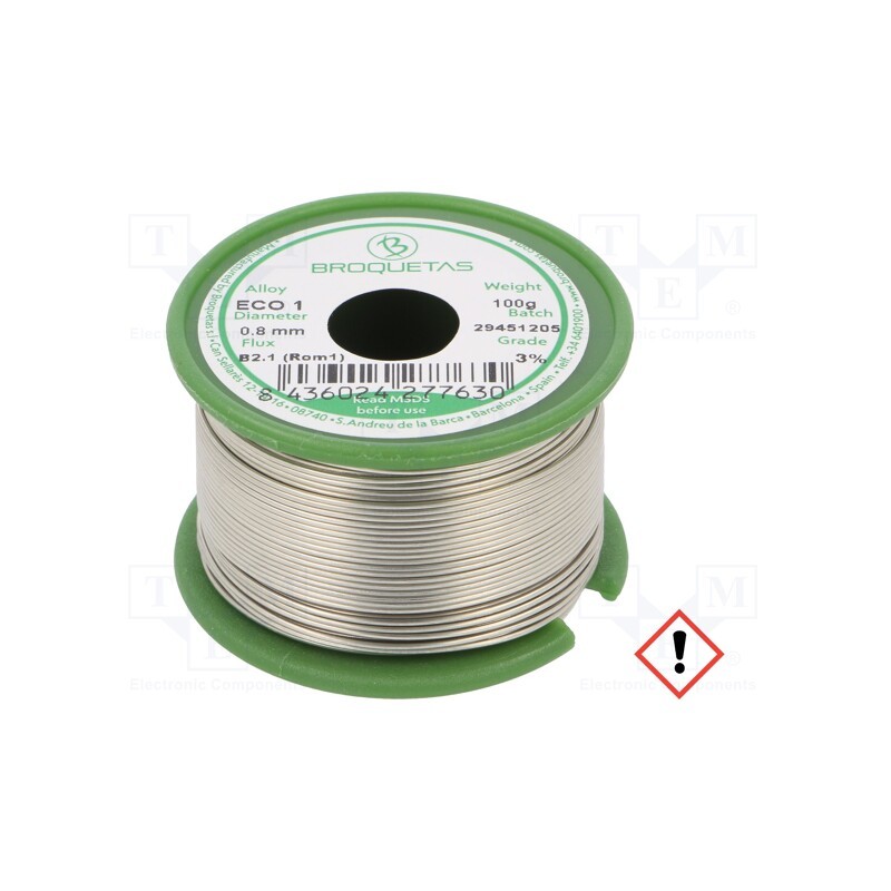 1 pcs x BROQUETAS - ECO 1 (SNCU1) FLUX B2.1 0,8 MM 100G - Soldering wire, Sn99,3Cu0,7, 0.8mm, 0.1kg, lead free, reel, 220°C