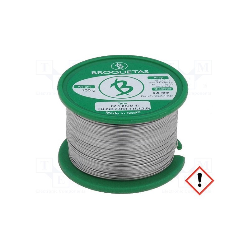 1 pcs x BROQUETAS - ECO1 B2.1 0,5MM 100GR - Soldering wire, Sn99,3Cu0,7, 0.5mm, 0.1kg, lead free, reel, 220°C