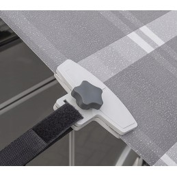 Awning clamps with wind protection strips