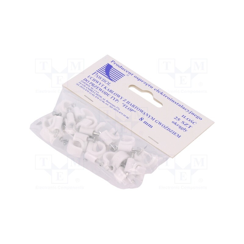 1 pcg x PAWBOL - H.7007A -25 -AS - Holder, white, on round cable, 25pcs, with a nail, 8mm