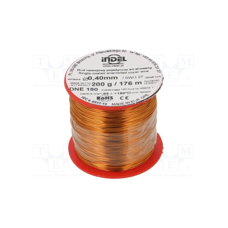 1 rol x INDEL - DNE0,40-200G - Coil wire, single coated enamelled, 0.4mm, 0.2kg, -65÷180°C
