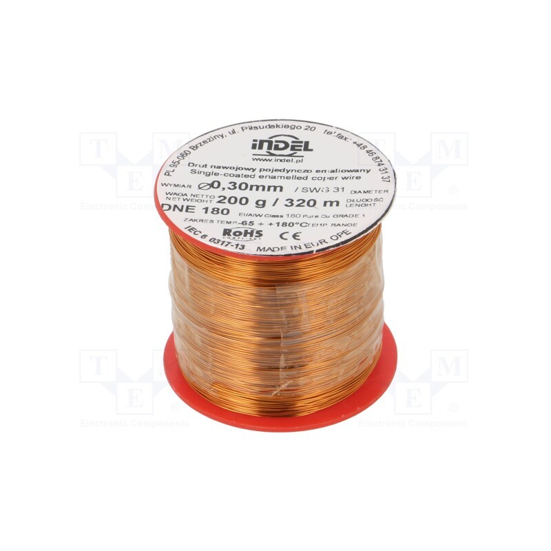 1 rol x INDEL - DNE0,30-200G - Coil wire, single coated enamelled, 0.3mm, 0.2kg, -65÷180°C