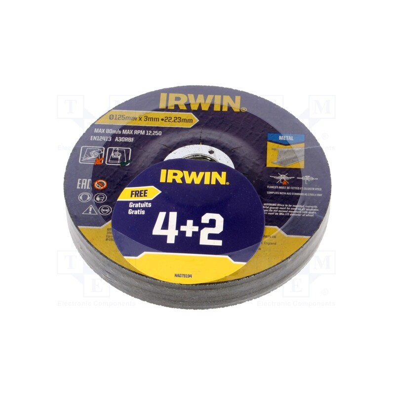 1 pcg x IRWIN - IW8082118A - Cutting wheel, Ø: 125mm, Øhole: 22.23mm, metal,steel, 6pcs.