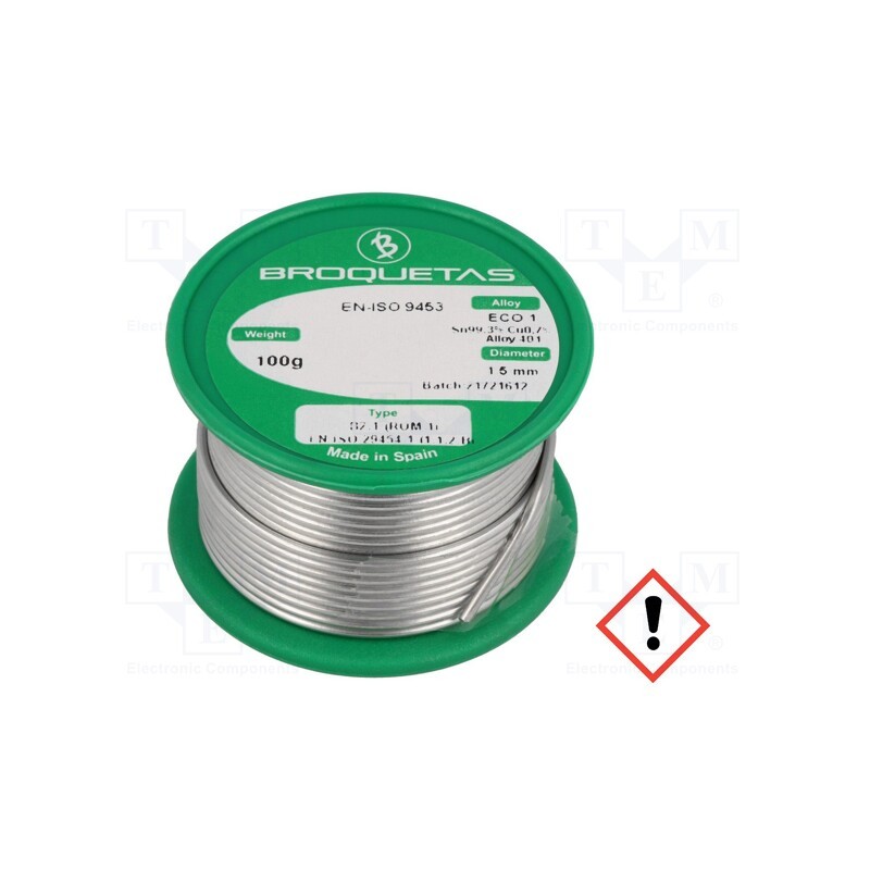 1 pcs x BROQUETAS - ECO1 B2.1 1,5MM 100GR - Soldering wire, Sn99,3Cu0,7, 1.5mm, 0.1kg, lead free, reel, 220°C