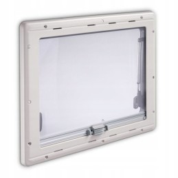 Hinged trailer window with Dometic double roller blind