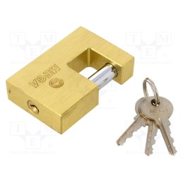 1 pcs x MEGA - 24565 - Padlock, hardened shaft, mandrel, Equipment: key x3, Mat: brass
