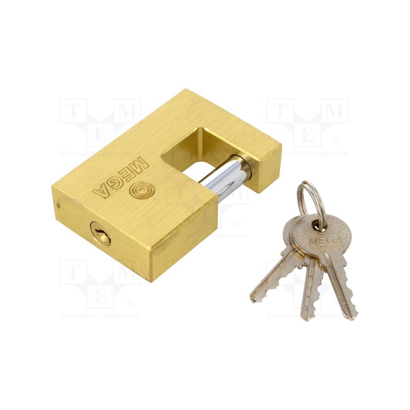 1 pcs x MEGA - 24565 - Padlock, hardened shaft, mandrel, Equipment: key x3, Mat: brass