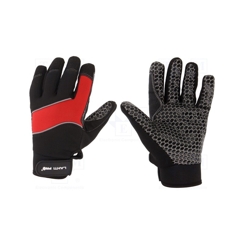 1 set x LAHTI PRO - L281111K - Protective gloves, Size: 11, black-red, microfiber,plastic