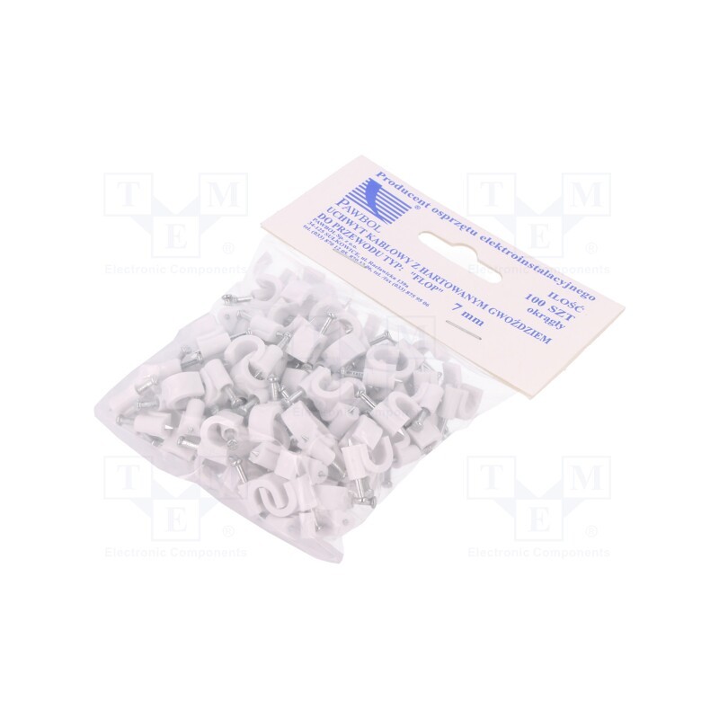 1 pcg x PAWBOL - H.7005A -100 - Holder, white, on round cable, 100pcs, with a nail, 7mm