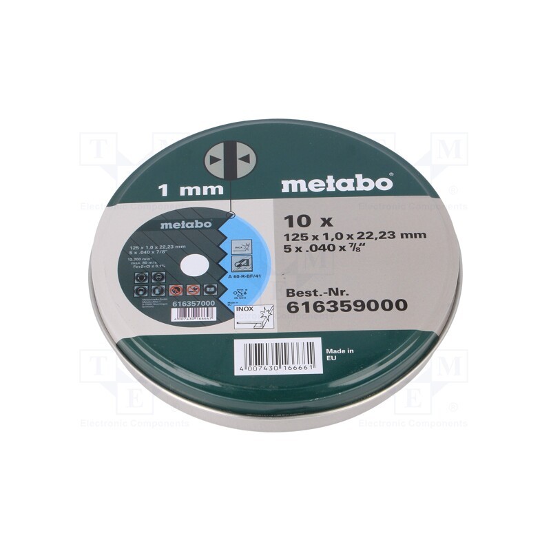 1 pcg x METABO - 616359000 - Cutting wheel, Ø: 125mm, Øhole: 22.23mm, Disc thick: 1mm, 10pcs.