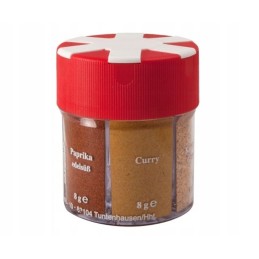 A set of six spices in a travel container