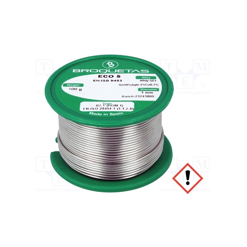 1 pcs x BROQUETAS - ECO 5 B2.1 1,0MM 100G - Soldering wire, Sn99Ag0,3Cu0,7, 1mm, 0.1kg, lead free, reel