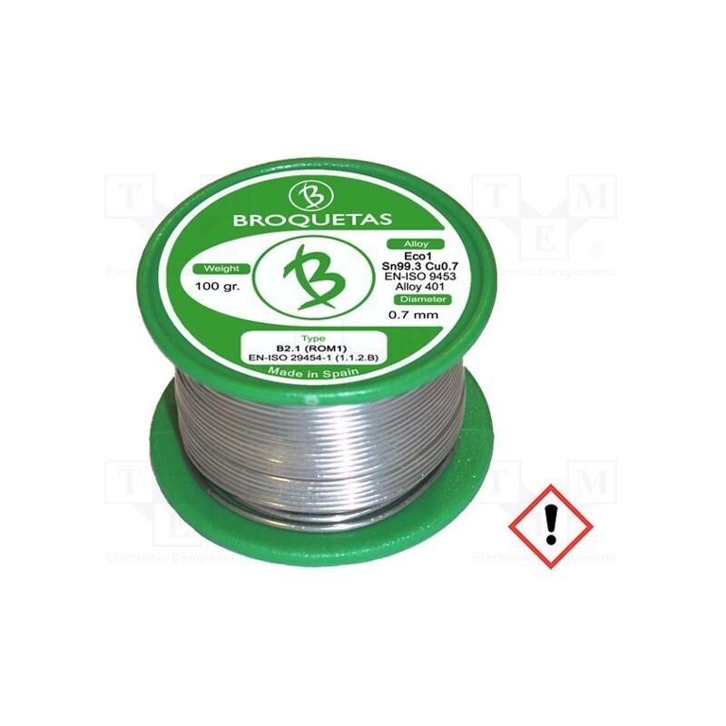 1 pcs x BROQUETAS - ECO1 B2.1 0,7MM 100G - Soldering wire, Sn99,3Cu0,7, 0.7mm, 0.1kg, lead free, reel, 220°C