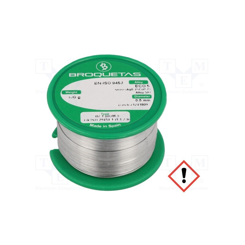1 pcs x BROQUETAS - ECO 5 B2.1 0,5MM 100G - Soldering wire, Sn99Ag0,3Cu0,7, 0.5mm, 0.1kg, lead free, reel