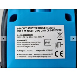 Three-way power strip with 3m cable and CEE plug for camping