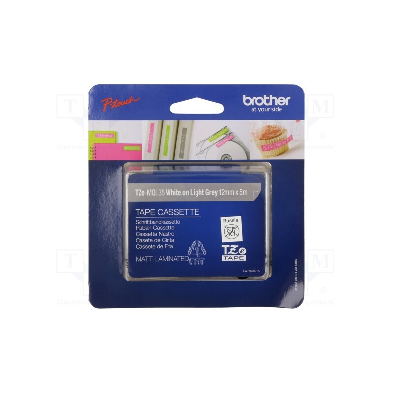 1 pcs x BROTHER - TZE-MQL35 - Tape, 12mm, 5m, grey, Character colour: white, laminated,glued