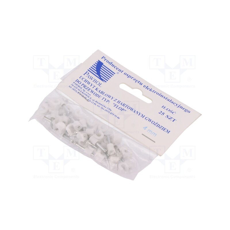 1 pcg x PAWBOL - H.7002A -25 -AS - Holder, white, on round cable, 25pcs, with a nail, 4mm