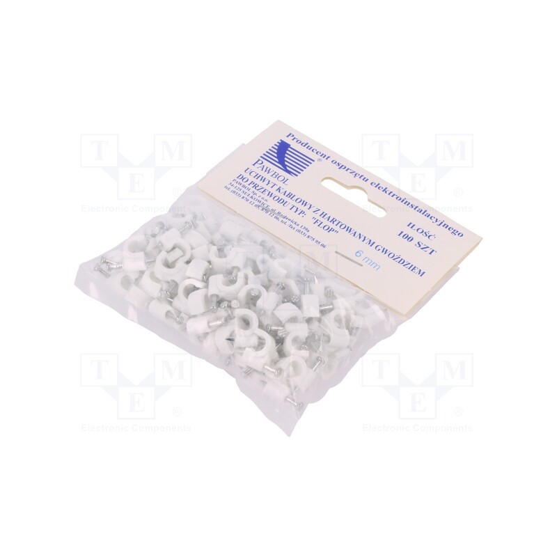 1 pcg x PAWBOL - H.7004A -100 - Holder, white, on round cable, 100pcs, with a nail, 6mm