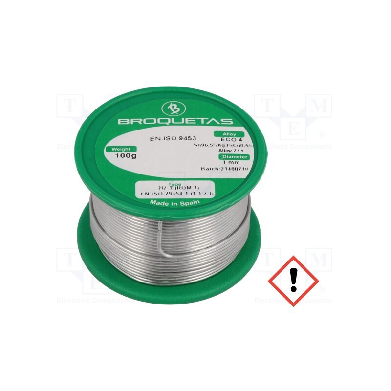 1 pcs x BROQUETAS - ECO 4 B2.1 1,0MM 100G - Soldering wire, Sn96,5Ag3Cu0,5, 1mm, 0.1kg, lead free, reel
