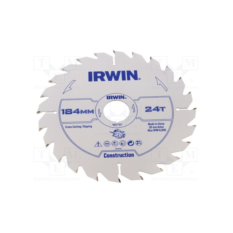 1 pcs x IRWIN - 1897197 - Circular saw, Ø: 184mm, Øhole: 30mm, Teeth: 24, wood