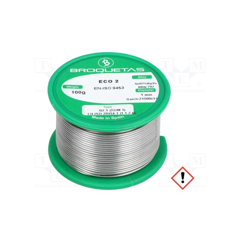 1 pcs x BROQUETAS - ECO2 B2.1 1,0MM 100GR - Soldering wire, Sn97Ag3, 1mm, 100g, lead free, reel, 221°C