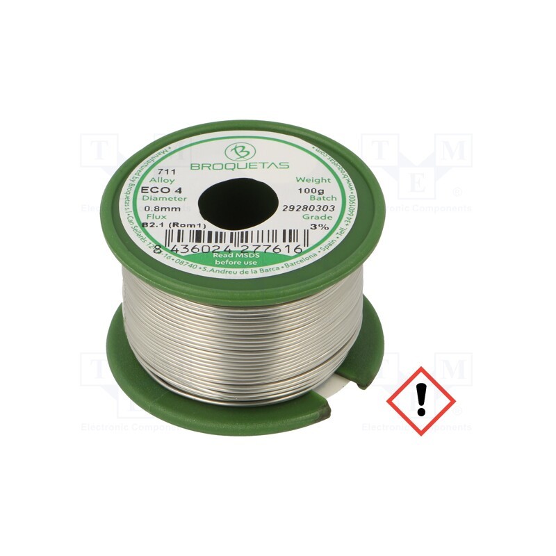1 pcs x BROQUETAS - ECO4 (SNAG3CU0.5) FLUX B2.1 0,8 MM 100G - Soldering wire, Sn96,5Ag3Cu0,5, 0.8mm, 0.1kg, lead free, reel