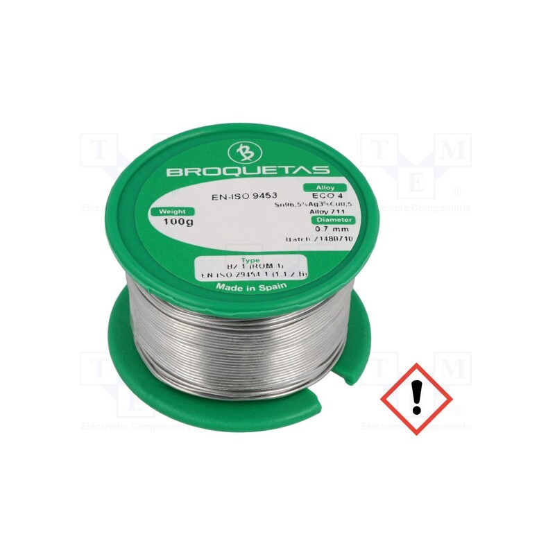 1 pcs x BROQUETAS - ECO 4 B2.1 0,7MM 100G - Soldering wire, Sn96,5Ag3Cu0,5, 0.7mm, 0.1kg, lead free, reel