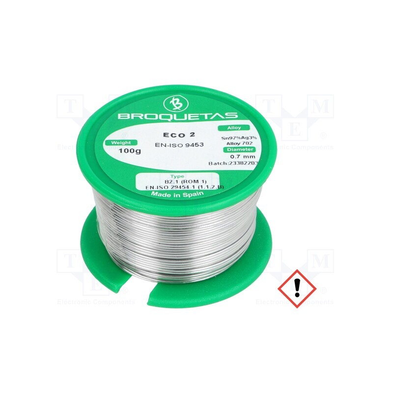 1 pcs x BROQUETAS - ECO2 B2.1 0,7MM 100GR - Soldering wire, Sn97Ag3, 0.7mm, 100g, lead free, reel, 221°C