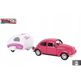 Toy car VW Beetle pink with trailer 21 cm