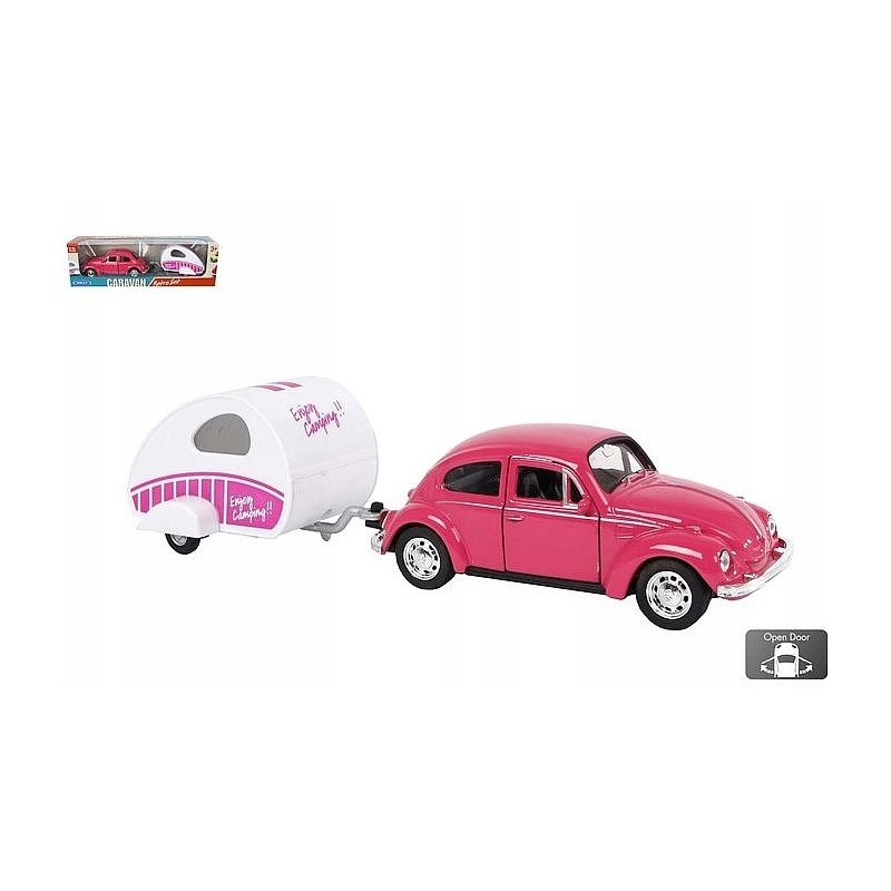 Toy car VW Beetle pink with trailer 21 cm