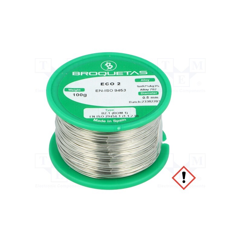 1 pcs x BROQUETAS - ECO2 B2.1 0,5MM 100GR - Soldering wire, Sn97Ag3, 0.5mm, 100g, lead free, reel, 221°C