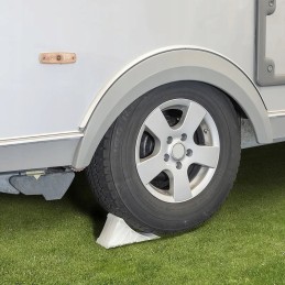 Strong, light wheel chock for camper trailers, etc., high quality, white