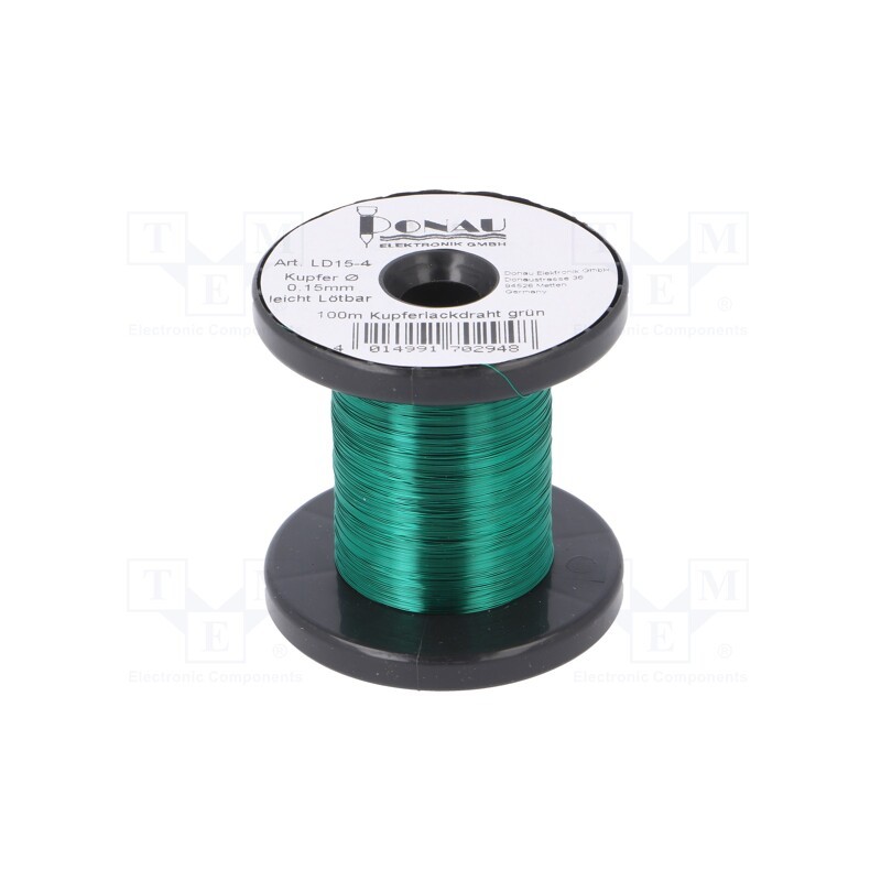 1 rol x DONAU ELEKTRONIK - LD15-4 - Silver plated copper wires, 0.15mm, 0.029kg, green, 100m