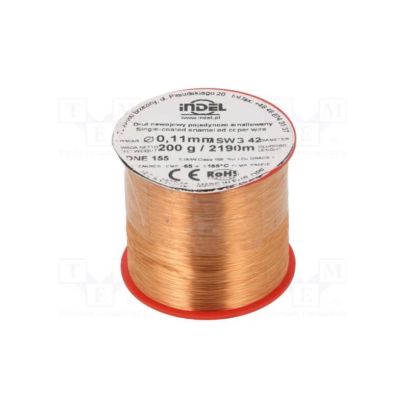 1 rol x INDEL - DNE0,112-200G - Coil wire, single coated enamelled, 0.112mm, 0.2kg, -65÷155°C