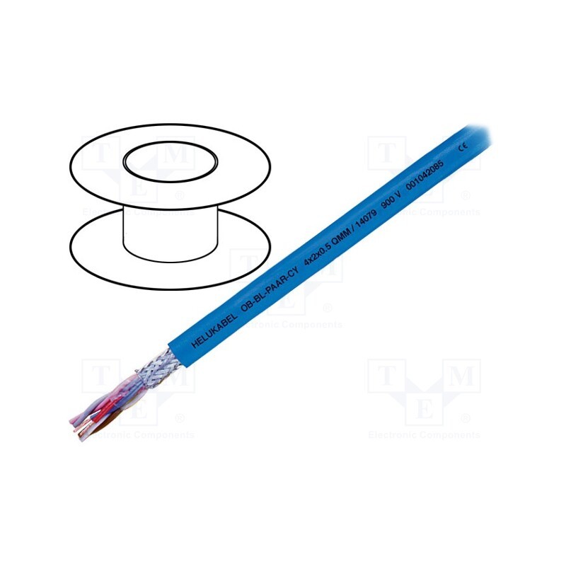 5 m x HELUKABEL - 14077 - Wire, OB-BL-PAAR-CY, 2x2x0.5mm2, shielded,tinned copper braid