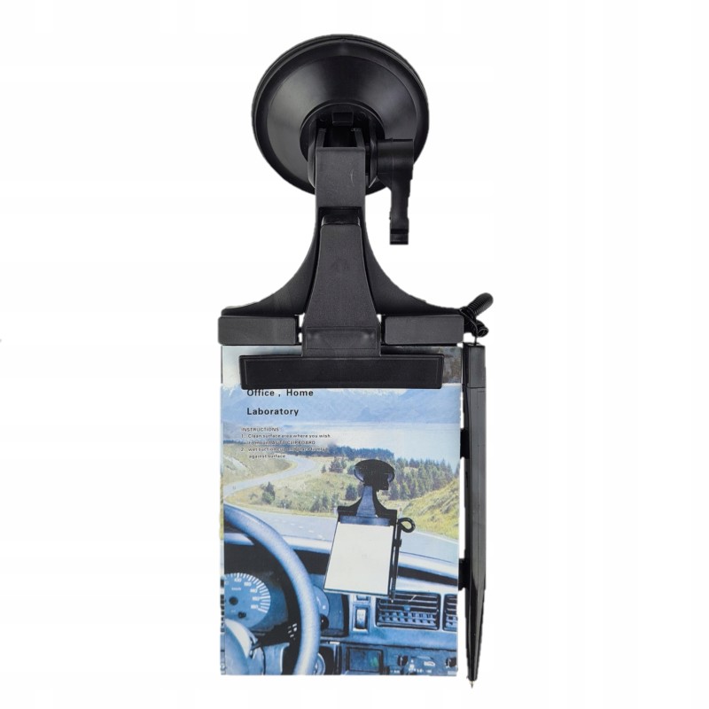 Car notebook with a pen on the windshield suction cup