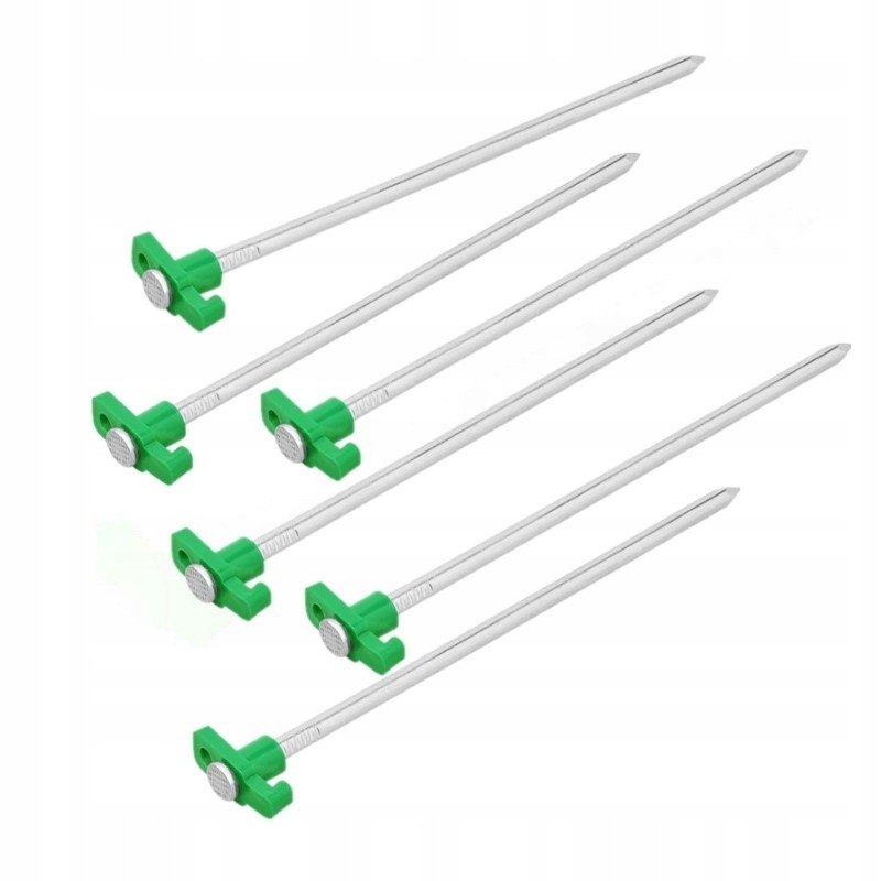 Tent peg pins with a green hook