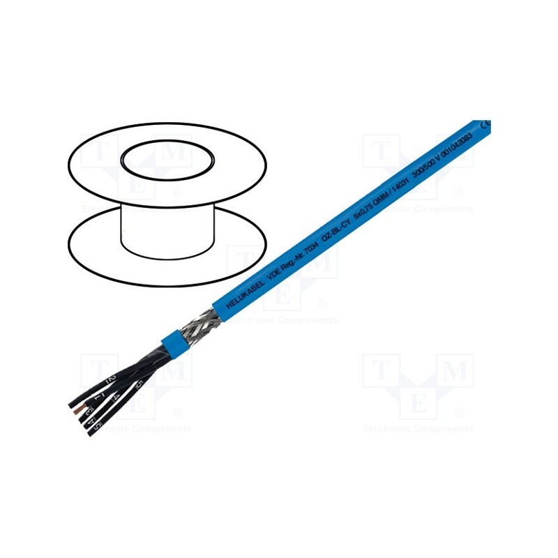 5 m x HELUKABEL - 14029 - Wire, OZ-BL-CY, 3x0.75mm2, shielded,tinned copper braid, PVC
