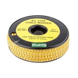 1 Reel of 1000 - RS PRO Slide On Cable Markers, Black on Yellow, Pre-printed 'I', 3 - 4.2mm Cable