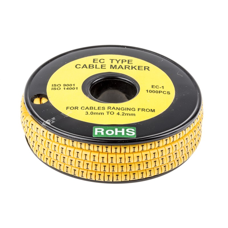 1 Reel of 1000 - RS PRO Slide On Cable Markers, Black on Yellow, Pre-printed 'I', 3 - 4.2mm Cable