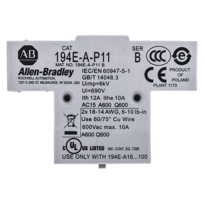 1 pcs - Allen Bradley Auxiliary Contact, 2 Contact, 1NC + 1NO, Side Mount