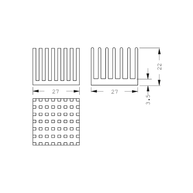1 pcs - Heatsink, Universal Square Alu, 13.5K/W, 27 x 27 x 22mm, Adhesive Foil, Conductive Foil