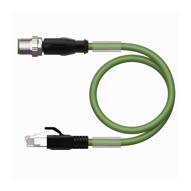 1 pcs - Turck Cat5e Straight Male M12 to Male RJ45 Ethernet Cable, Aluminium Foil, Tinned Copper Braid, Green PUR Sheath, 25m
