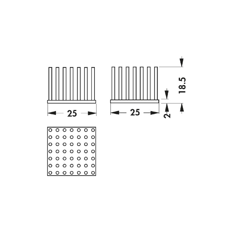 1 pcs - Heatsink, Universal Square Alu, 5.2K/W, 25 x 25 x 18.5mm, Adhesive Foil, Conductive Foil